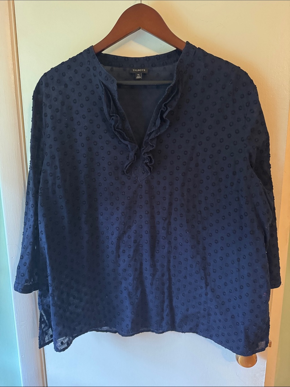 Talbots Navy Swiss-Dot Ruffle V-Neck Top - Picture 2 of 9